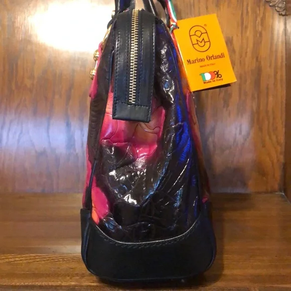 NWT-Marino Orlandi-Embossed Leather Satchel-Black-Tropical 🌺 Flowers-Italian 🇮🇹 - Picture 9 of 16